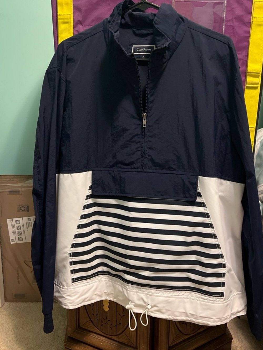 Club Room Navy and White Striped Panel Half-Zip Windbreaker